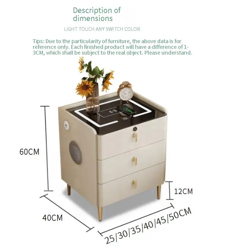 منضدة ذكية بيضاء، طاولة بجانب السرير خشبية مع وظيفة شحن لاسلكية وقفل بصمة الإصبع وخزانة بجانب السرير #2