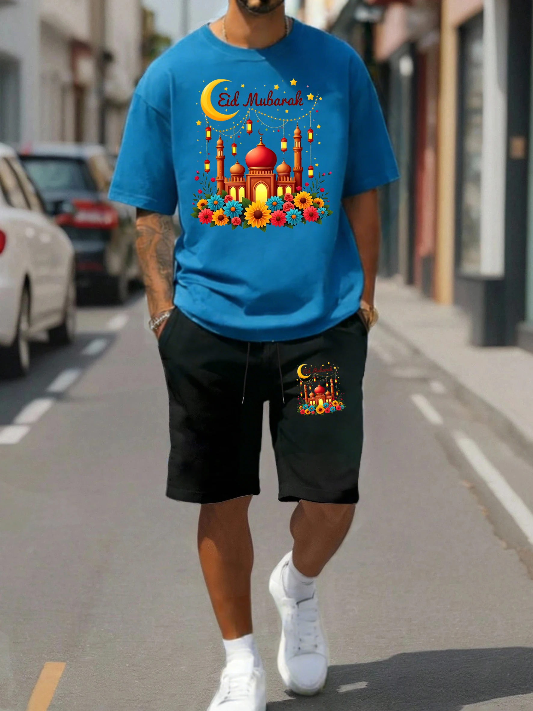 

Eid Mubarak Lantern Print T-Shirts Suit Men Cotton Casual Tee Retro Sport Drawstring Shorts Unisex Summer Fashion Streetsuit