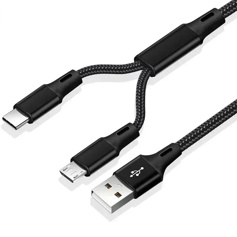 2 In 1 USB Cable Type C Cables Fast Charge Charger Cable Tablet Phone Charge Cord 2in1 Nylon Braided Mobile Android Wires
