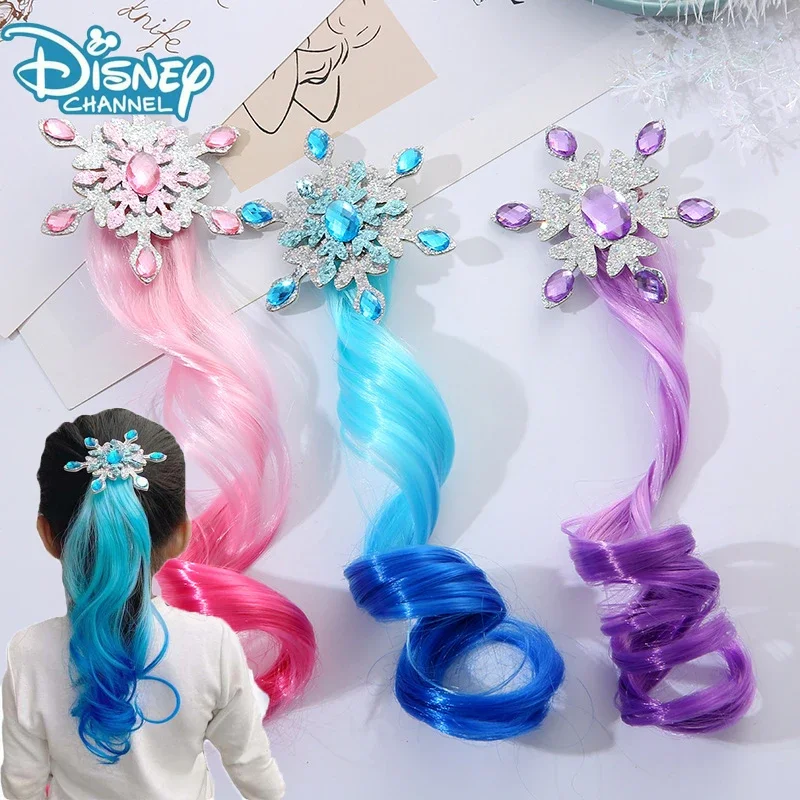 Disney Princess Wig Hairpin Anime Snow White Elsa Colorful Gradient Long Curly Hair Cartoon Girl Braided Hair Cord Headpiece