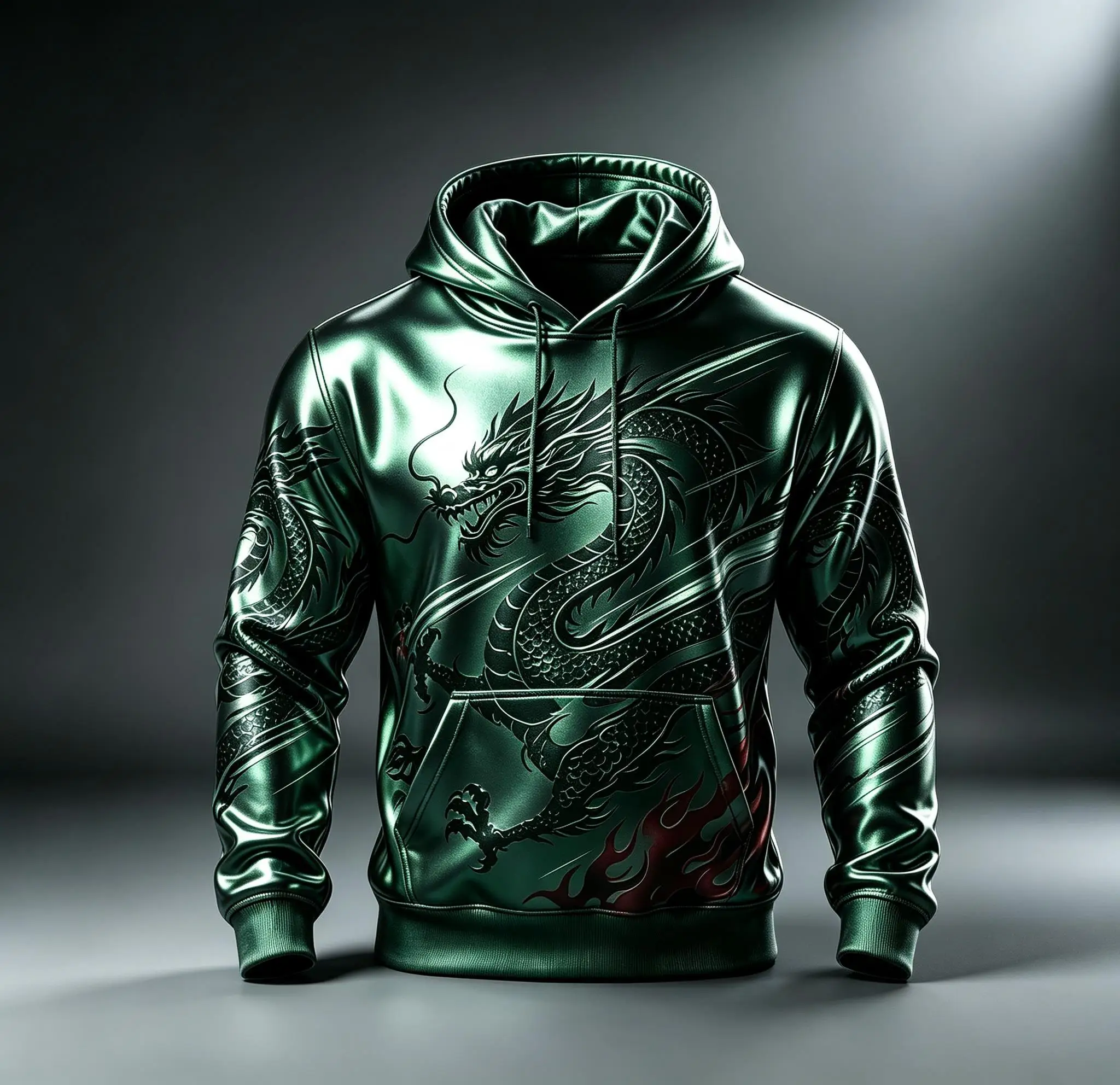 Men Fleece Lined Hoodie Silver Black Dragon Flame Print Drawstring Pullover Streetwear Sweatshirt
