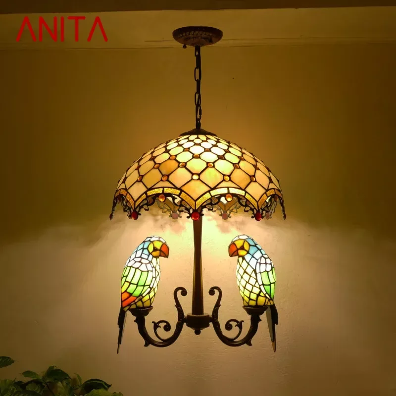 ANITA Tiffany Parrot Chandelier Vintage Creative Color Glass Living Room restaurant Bedroom Hotel Corridor Pendant Lamp