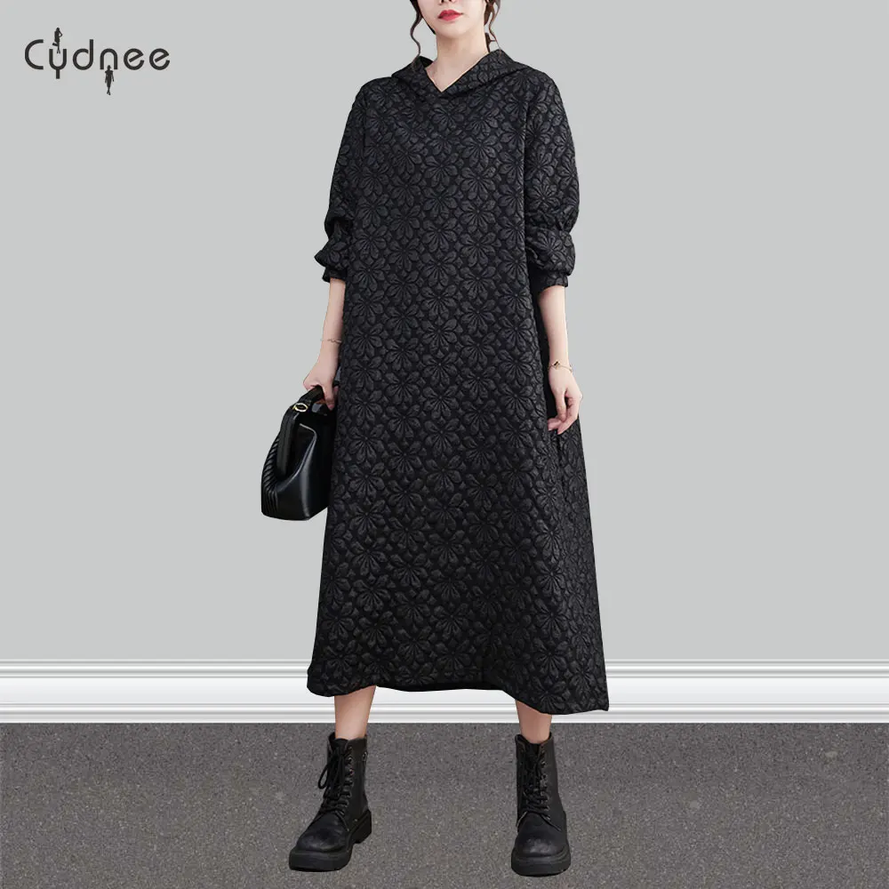 Autumn Winter Large Size Pullover Solid Flower Pattern A-Line New Leisure Jacquard Craft Cotton Long Sweatshirt Hoodie Dress