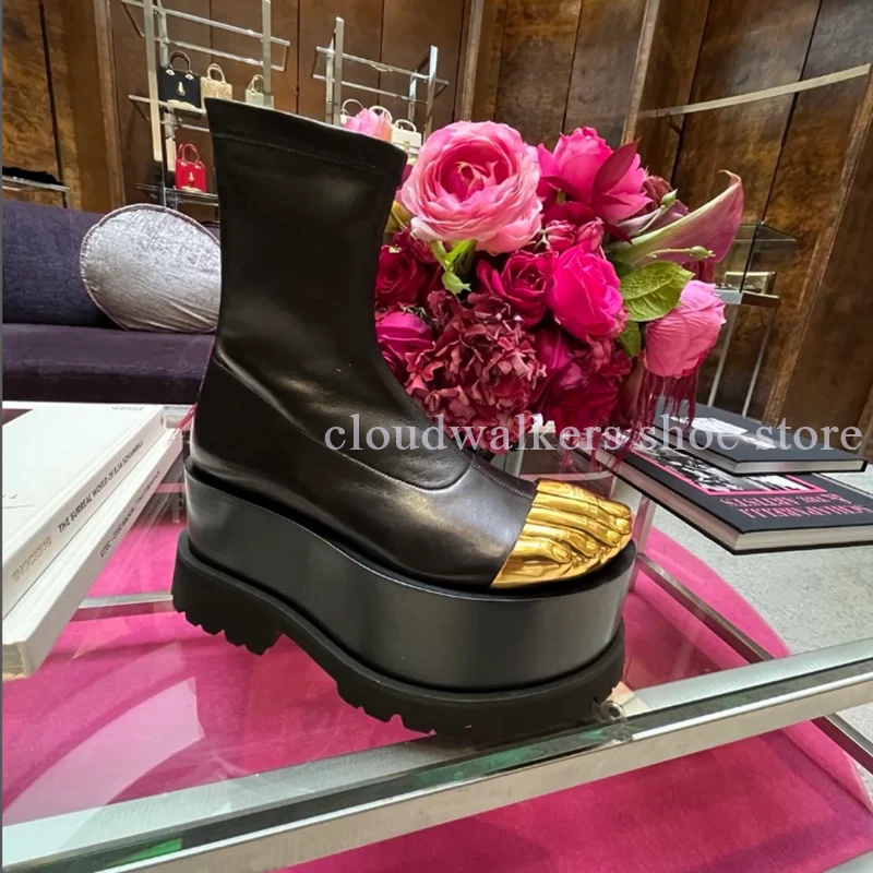 

New Punk Round Toe Gold Five Toe Platform Ankle Boot Mix Color Party Casual Stretch Boot Street Fashion Model Catwalk Stage Boot