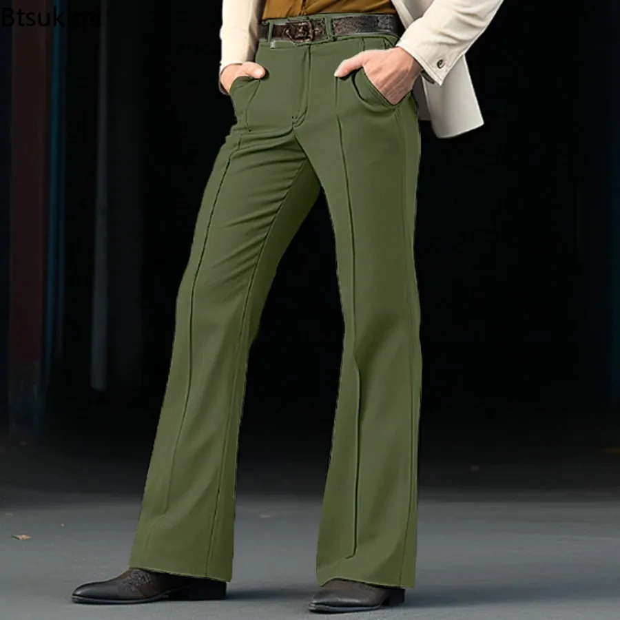 Men's Formal Diagonal Elastic Slim Fit Flared Pants Solid Basic Stretch Trouser Buttons Up Business Pants for Wedding Party Club