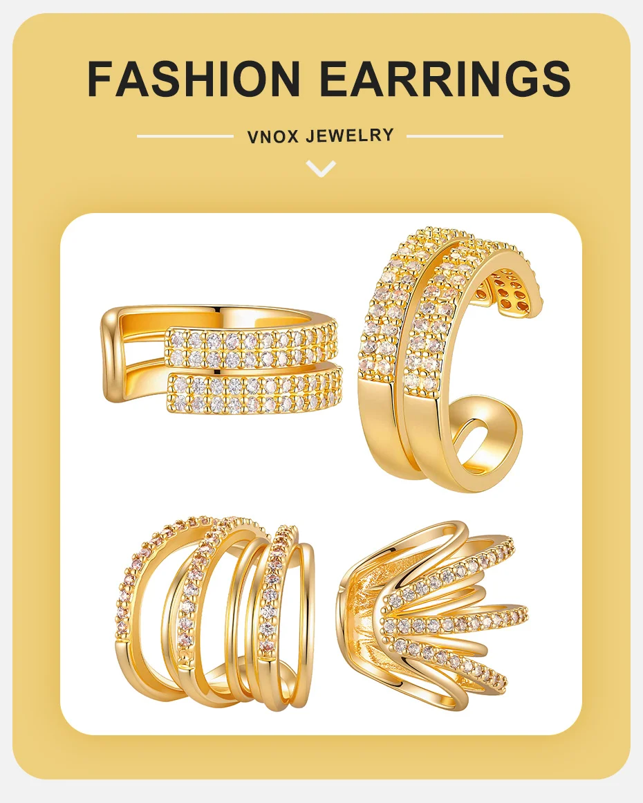 Vnox Clip-On-Ohrringe mit mehrschichtigen Kristallen für Damen, vergoldete Zirkonia-Ohrringe in C-Form, hypoallergen, nicht durchdringender Schmuck – Detail 1