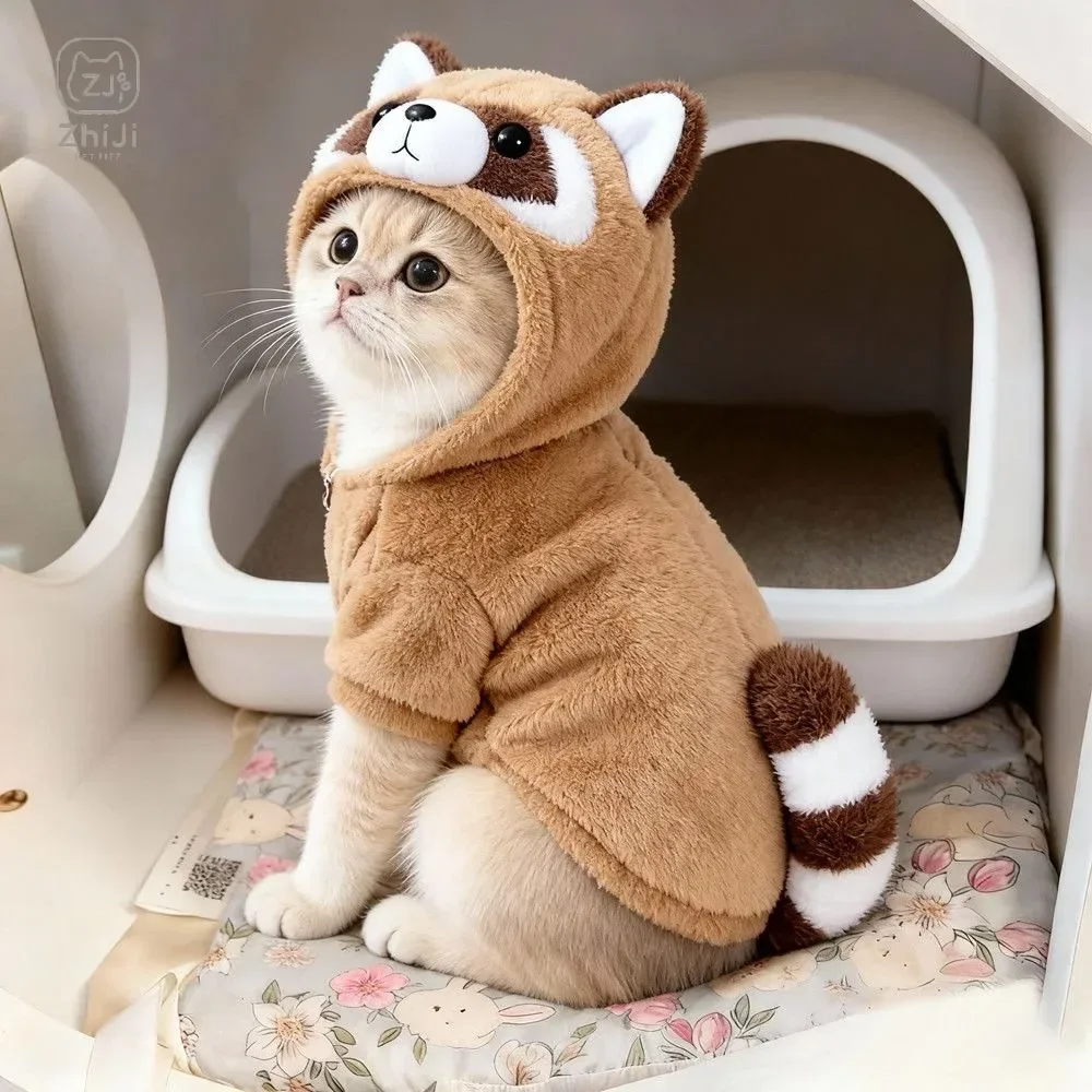 Warm Fleece Lined  Clothes Adorable Little Raccoon Hoodie Sleeveless Vest Unconstrained Pet Dog Clothes Autumn Winter