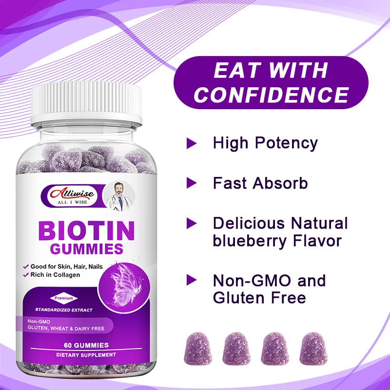 Alliwise Skin whitening biotin soft candy improves skin nail health while promoting hair growth enhancing skin elasticity health