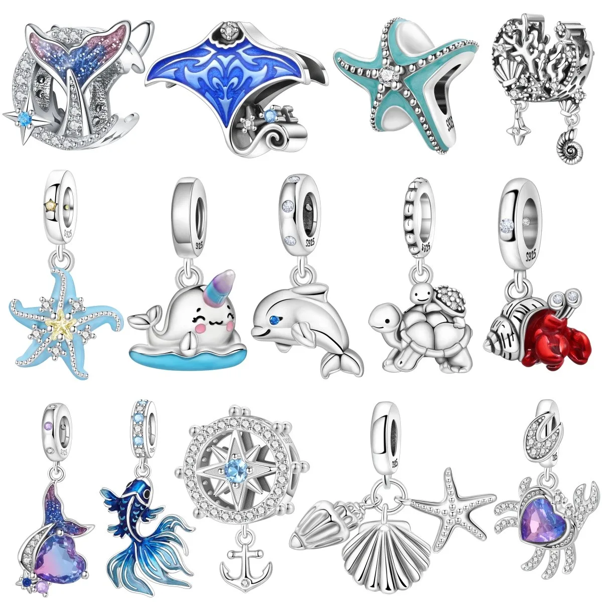 

MISEFF S925 Sterling Silver Charm Marine Life: Sea Turtle, Starfish, and Dolphin Pendant Fit Original DIY Jewelry Making