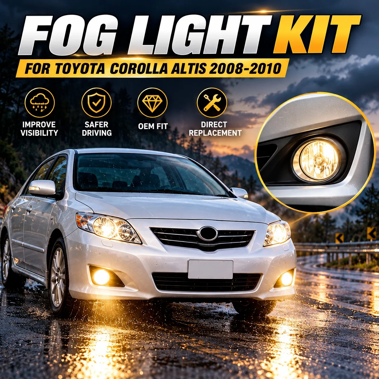 VKY-TY-066E Fog Light Kit For Toyota Corolla Altis 2008 2009 2010 Front Bumper Fog Lamp Complete Set with Switch Wiring