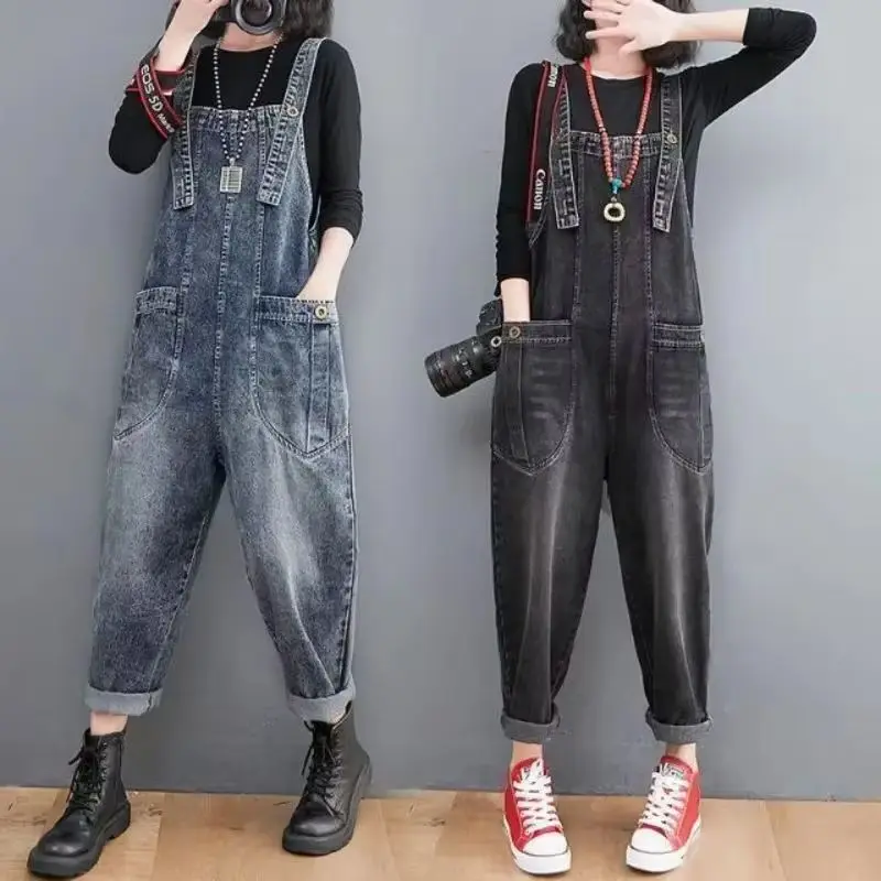 Women's Spring Denim Strap Pants SLarge Waist Slim Loose Leg Jumpsuit 2025 Summer New Fashion Overalls for Girls Jeans Woman