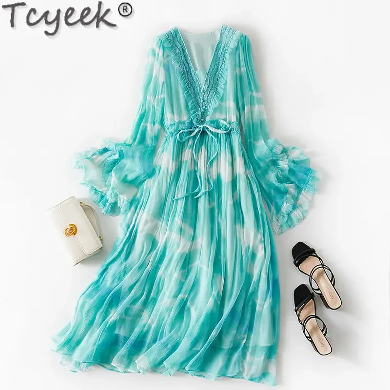 Tcyeek Elegant Beach Dress Woman Spring Summer Long Sleeve Dresses Women Clothes 2023 100% Mulberry Silk Clothing Female латье