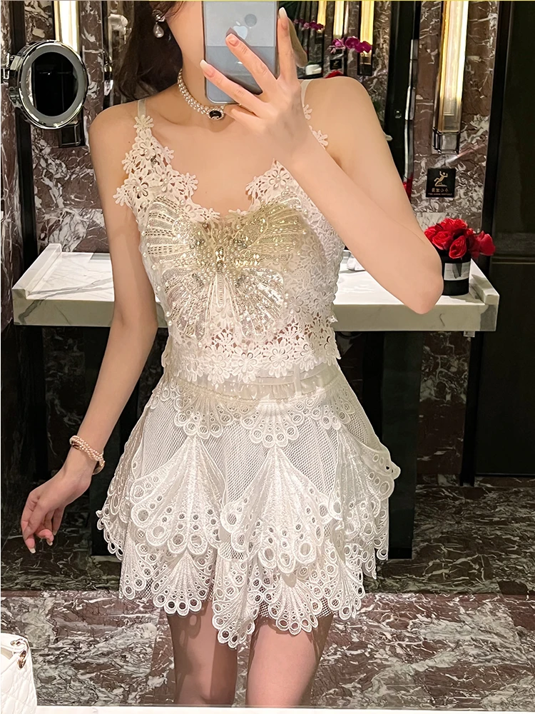 

BETTER LS Heavy Embellied Lace Strap Vest Women's Sexy Base Layer Top Diamond Embellied Beaded Hollow out Floral Design