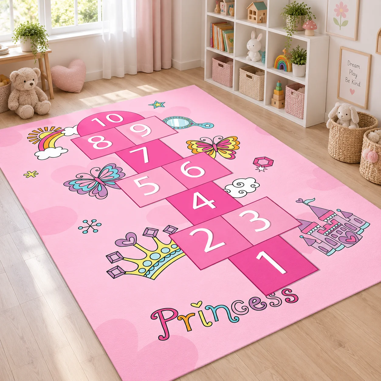 Pink City Hopscotch Play Area Rug Tech Fabric Diatom Mud Bedroom Playroom Nursery Living Room Floor Carpet Interactive Game Design City Street Theme Home Decor Early Learning Activity Space Gift Idea Colorful Room Decoration Indoor Recreation Rug
