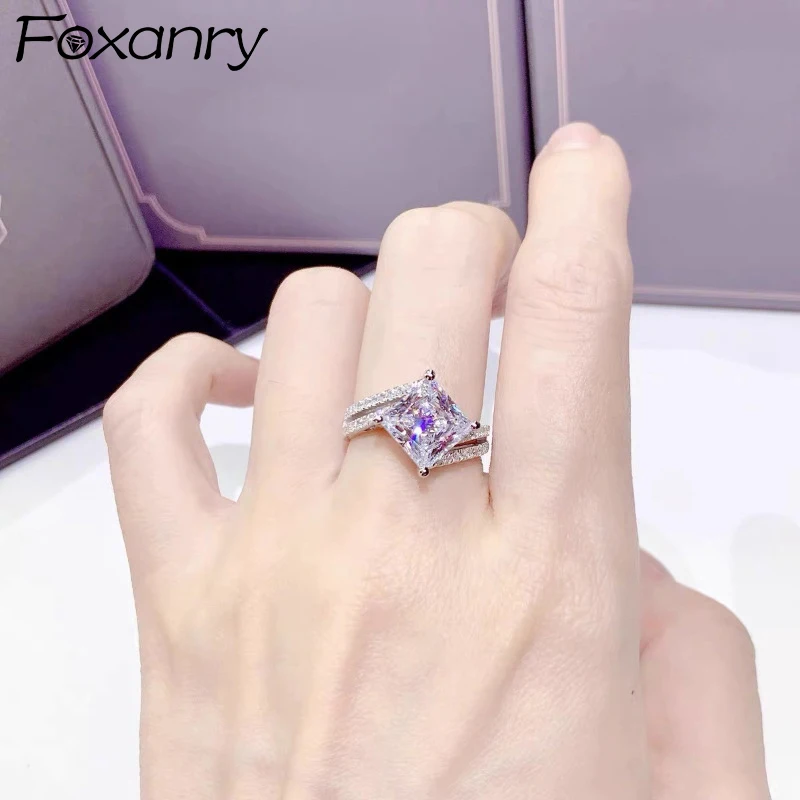 Foxanry Silver Color Sparkling Zircon Rings For Women Girls Simple Trendy Exquisite Romantic Elegant Wedding Bride Jewelry Gifts