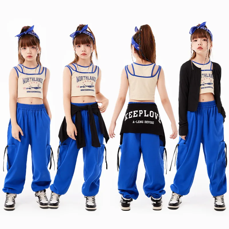 Sommer Hip Hop Mädchen tanzen Kleidung Jazz Kostüm Nabel Tops blaue Jogging hose üben Kleidung Street Dance Performance Anzug