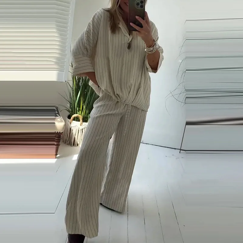 

Casual Striped Print Two Piece Set Loose Lapel Long Sleeve Pullover Top Lace Up Trousers Set Spring Summer New Commuter Set