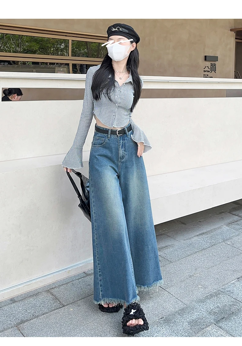 CHIC Women\'s American Vintage Washed Wide Leg Jeans Street Casual Blue Denim Trousers Female High Waist Straight Pants