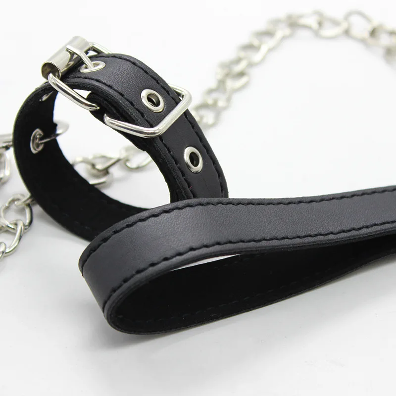 Leather Penis Ring Fetish Bondage Metal Chain Scrotal Cuff Traction Rope BDSM Training Penis Exercise Adult Male Sexual Products