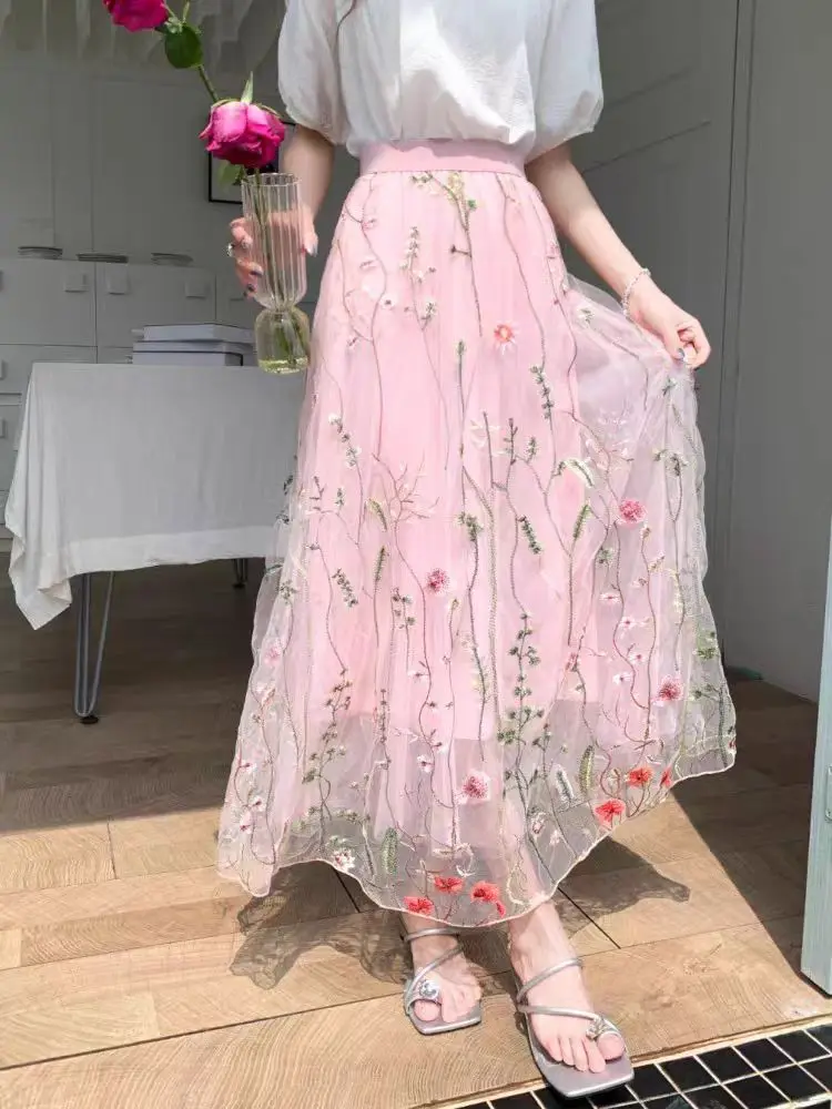 2025 New Spring Summer Women High Waist Slim Long Skirt High Quality Elegant Plant Floral Embroidery Mesh Tulle Skirt 3 Colors