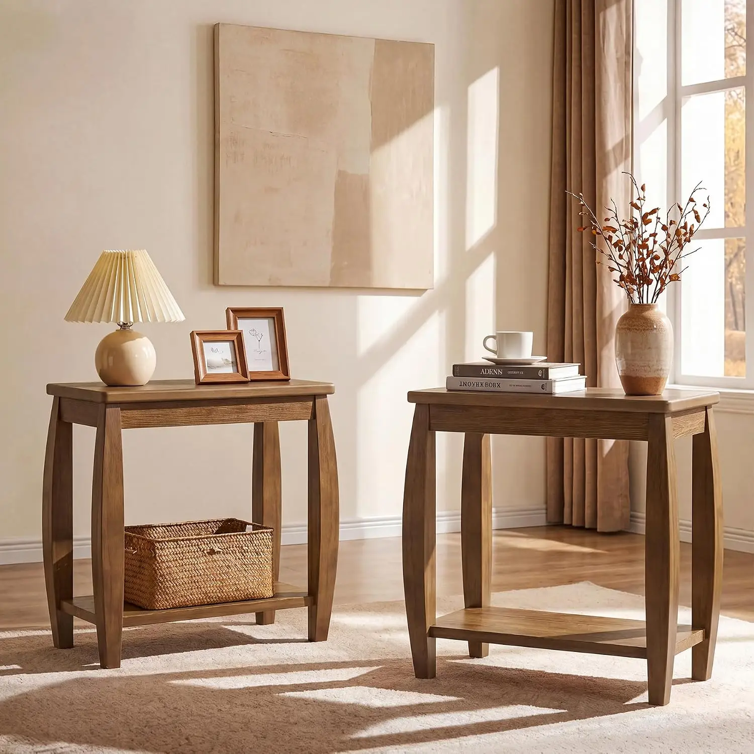 2 Tier Farmhouse Solid Wood Narrow End Side Table Set of 2 Brown Storage Accent Table For Living Room Bedroom Small Spaces Home Decor Furniture