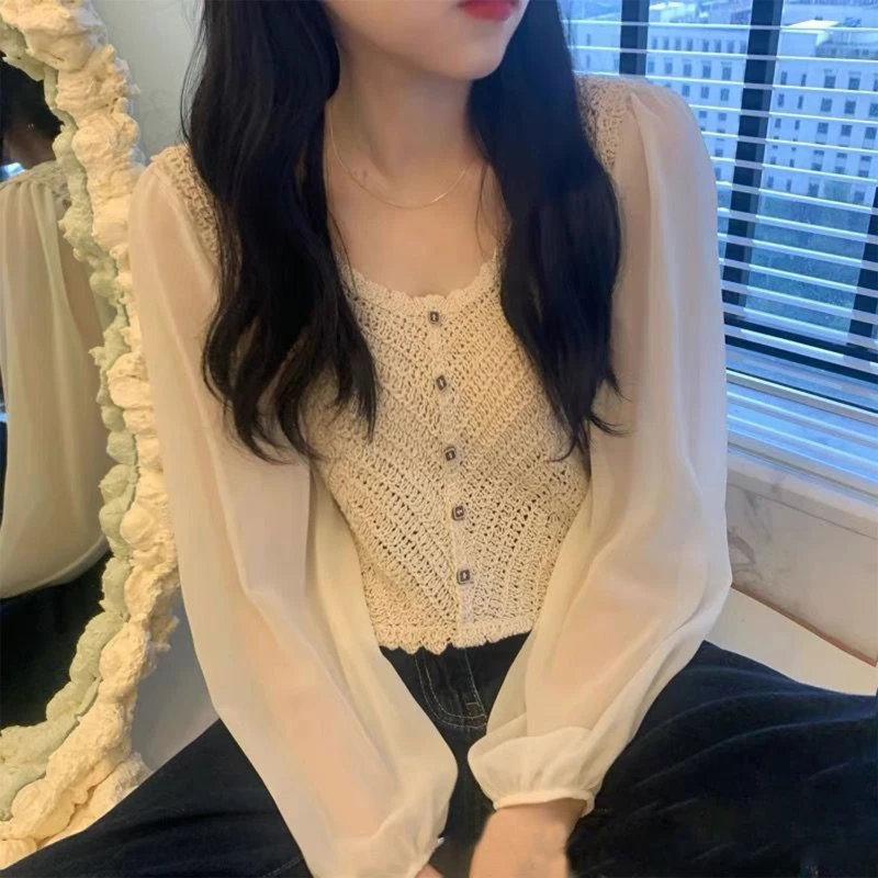 Women French Puff Long Sleeve Cropped Cardigan Neck Button Down Hollow Crochet Knit Solid for Jacket Blous P8DB