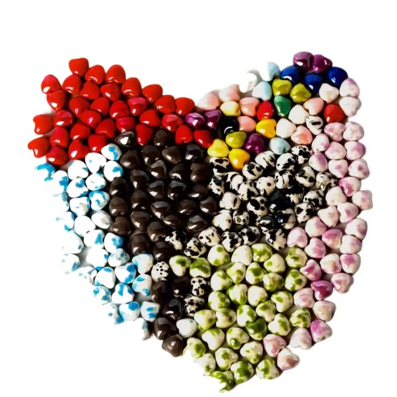 10ชิ้นสายคล้องแว่นตาลูกปัดพอร์ซเลนเซรามิกเคลือบเงามันวาวรูปหัวใจสำหรับเครื่องประดับทำ DIY ชุดงานฝีมือลูกปัด