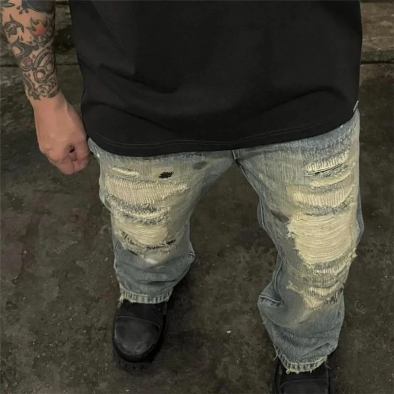 American Style Faded Dirty Hole Jeans Men's High Street Cool Design Sense Knife Cut Patch Ink Spray Wide Leg Long Pants