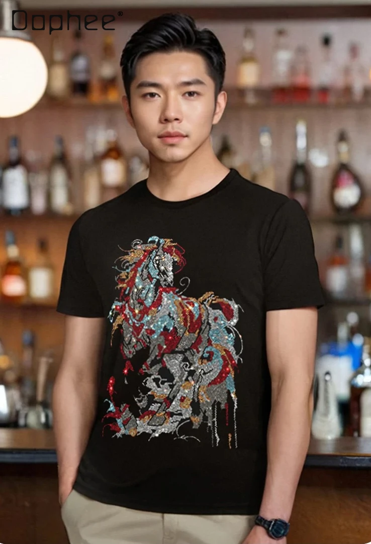 

2026 Summer New Men Colorful Horse Rhinestone Print Round Neck Short Sleeve Black White Red Casual Streetwear T-Shirt