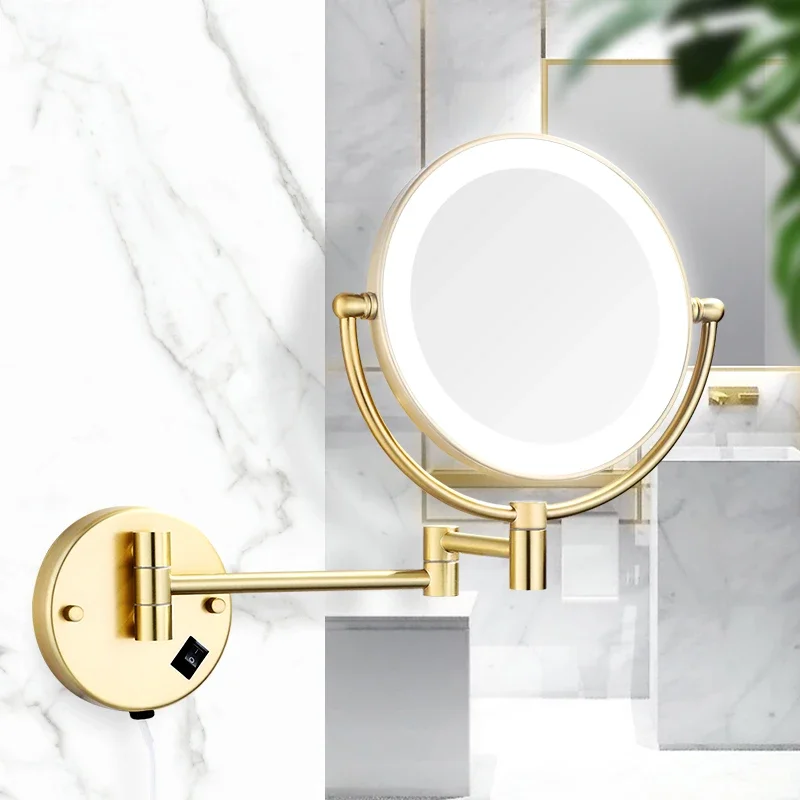 gold bathroom folding beauty mirror wall mounted telescopic hotel double sided triple magnification LED with light makeup mirror