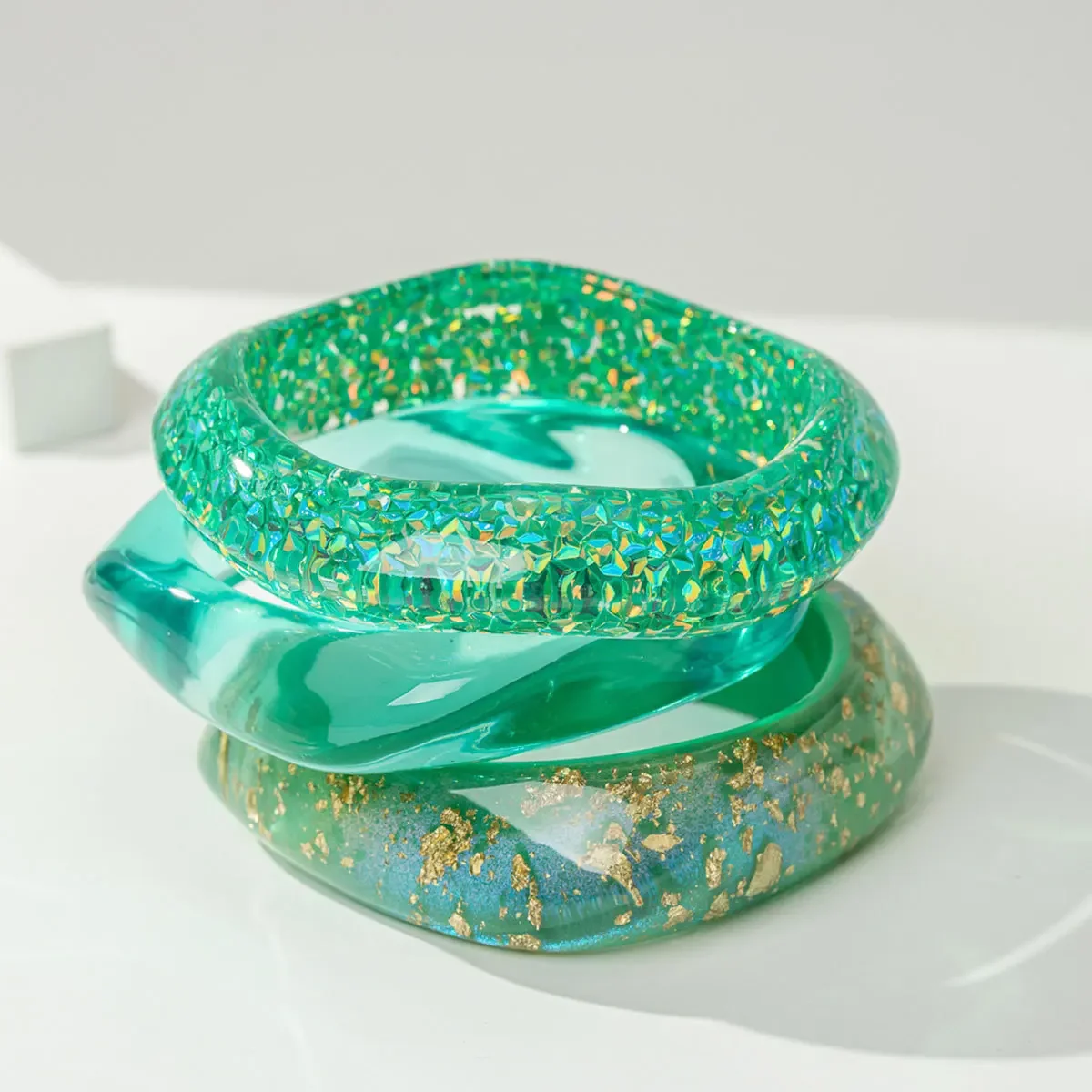 

3PCS Fashion Glitter Resin Irregular Square Chunky Bracelet for Women Acrylic Colorful Foil Geometric Wide Bangles Jewelry Gifts
