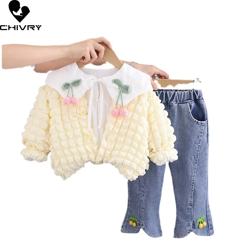 New 2023 Kids Autumn Fashion Cute Cherry Lapel Coat with Denim Pants Jeans Baby Girls Casual Three-piece Clothing Sets