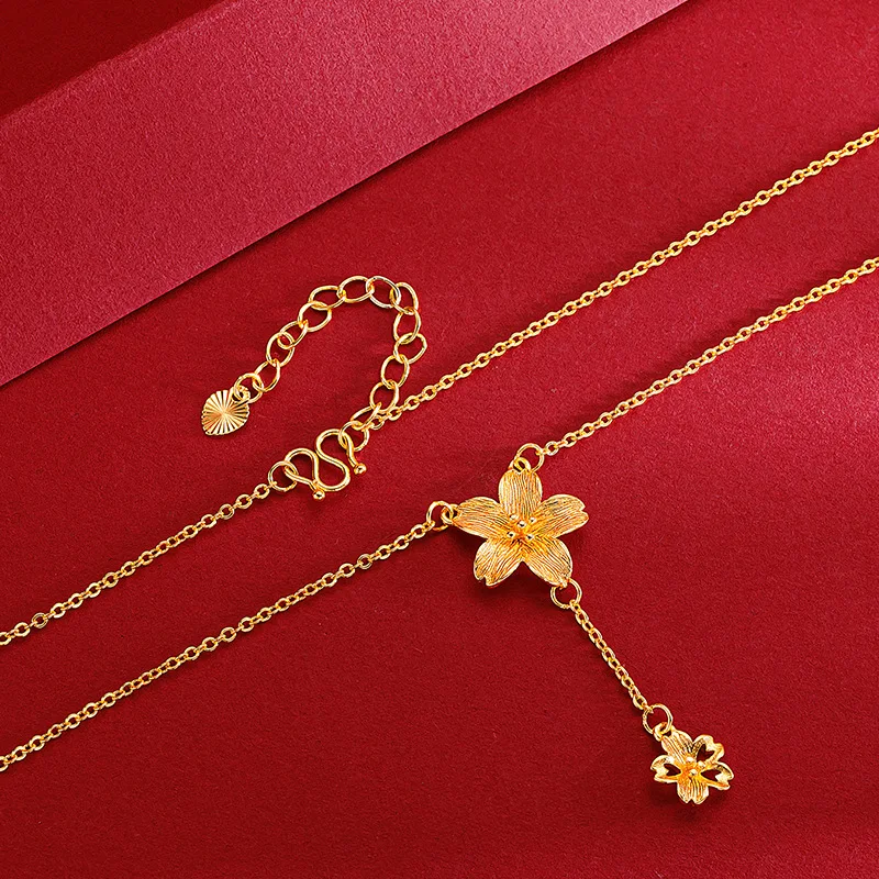 9999 24K real gold fresh and sweet design cherry blossom tassel collarbone necklace