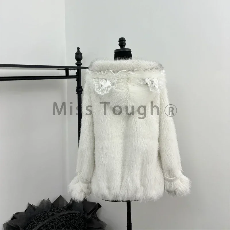 Winter Japanese Sweet Plush Warm Coat Woman Hooded Y2k Princess White Cute Zipper Sweatshirt Female Pocket Chic Harajuku Outfits