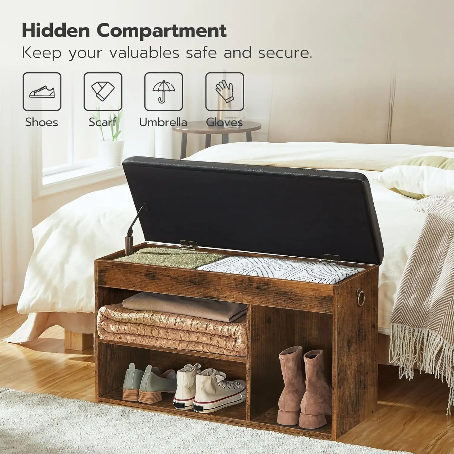 Shoe Storage Bench with Cushion, Flip-Open Box & Adjustable Shelf for Entryway or Living Room in Rustic Brown