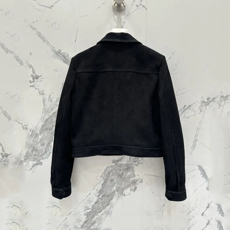 cappotto da donna primavera e autunno Giacca lussuosa lunghezza corta Pelle scamosciata Manica lunga con fibbia a fila singola