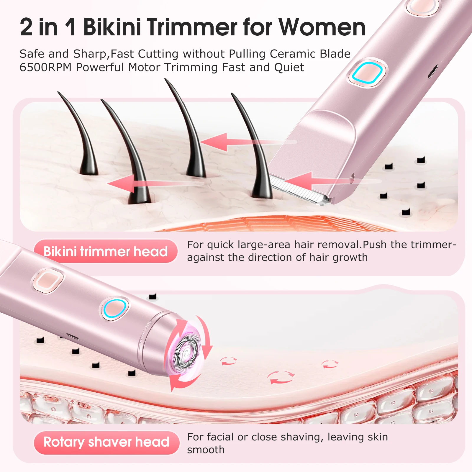 Electric Shaver for Women Waterproof Wet & Dry Hair Razors 2 in 1 Double Head Dual Bikini Hair Trimmer Detachable Head Shaver