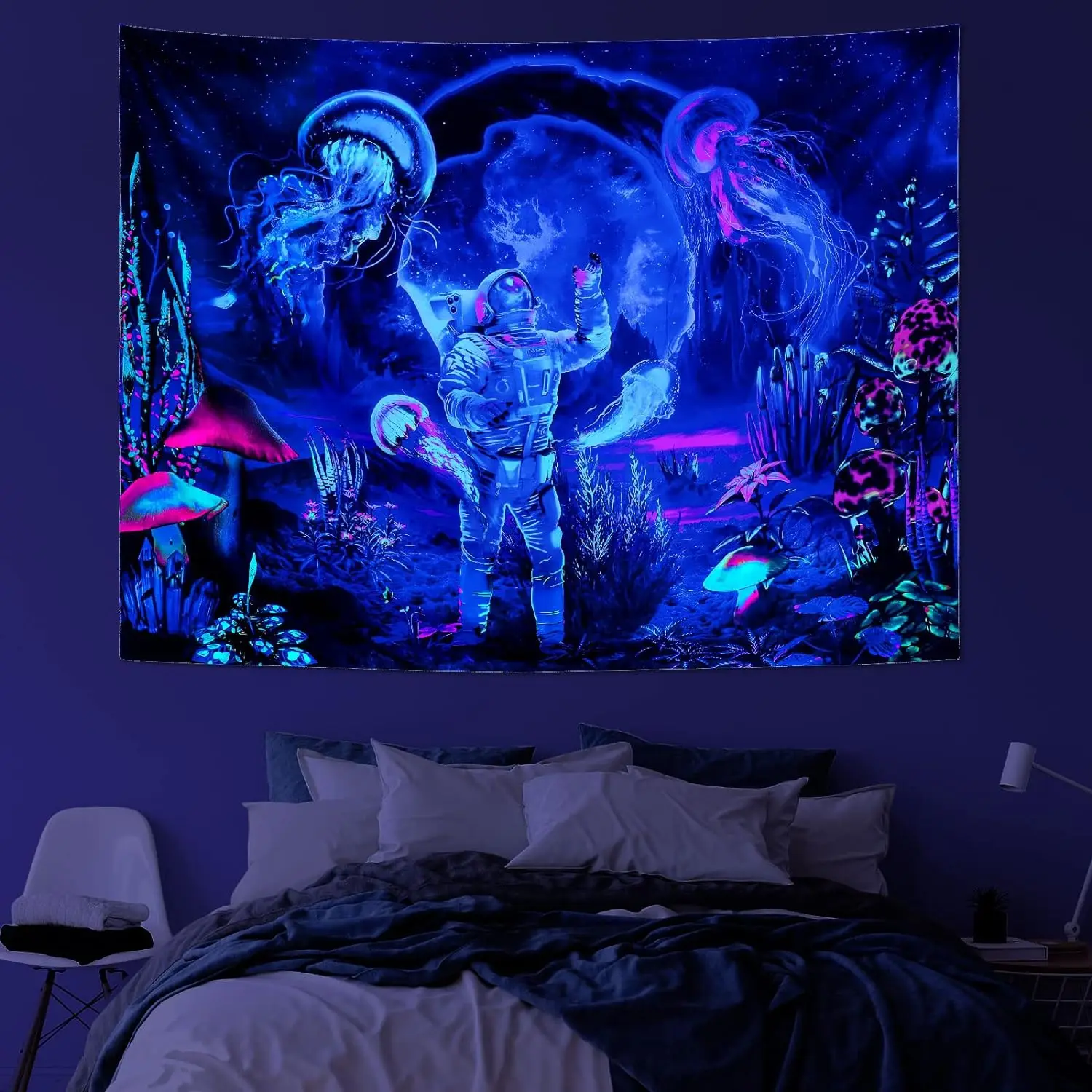 

Black light astronaut tapestry bedroom aesthetics, UV active jellyfish tapestry underwater world wall decoration