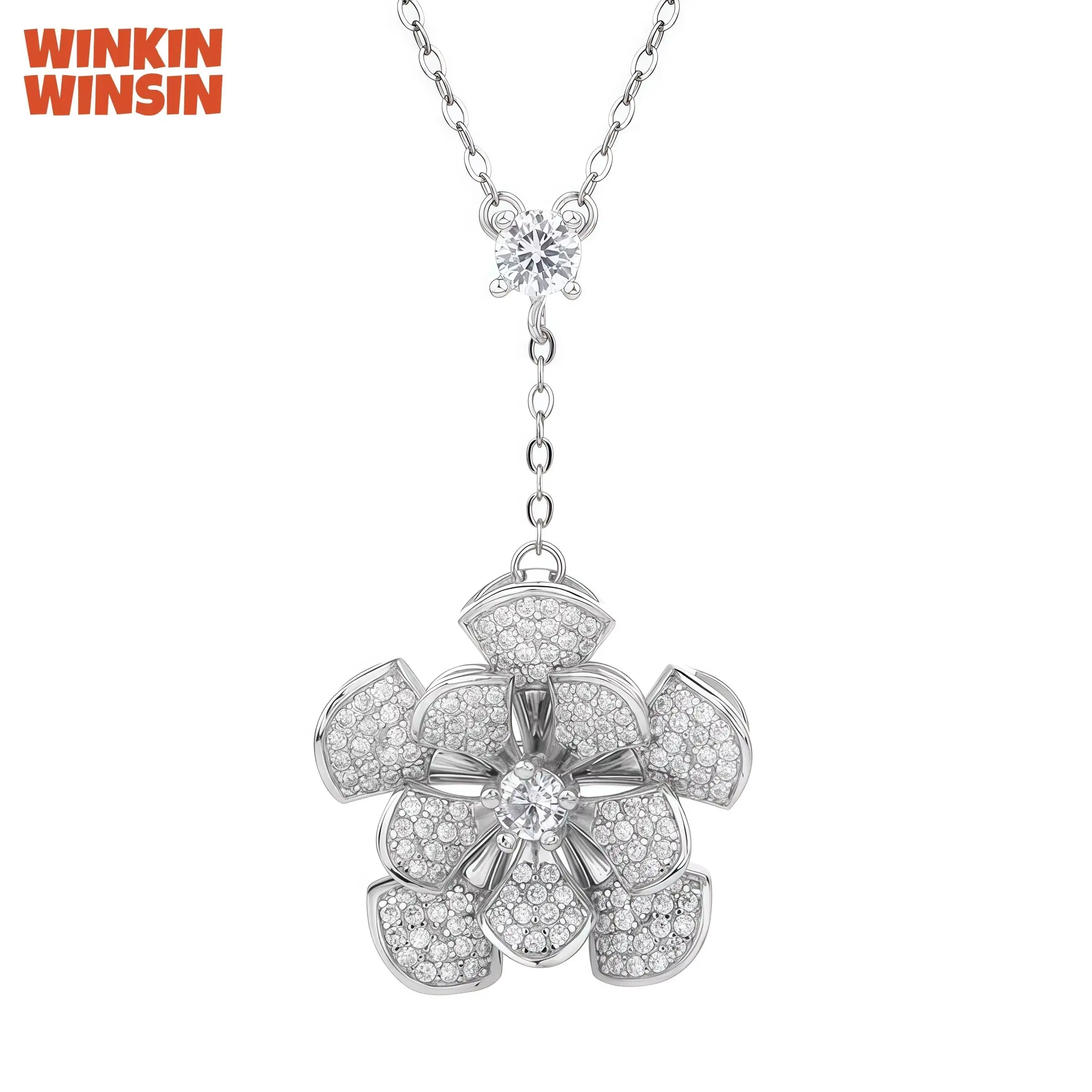 

Winkin Winsin Luxury Brand 3D Technology 925 Sterling Silver Pendants Necklace Woman High Carbon Diamond Flower Necklace Jewelry