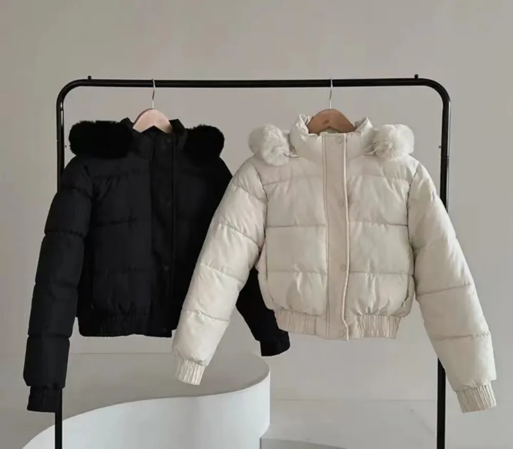 New Winter Warm Hooded Down Cotton Jacket Women Thickened Fleece Lining Big Fur Collar Long Sleeve Short Parkas Jacket Coat