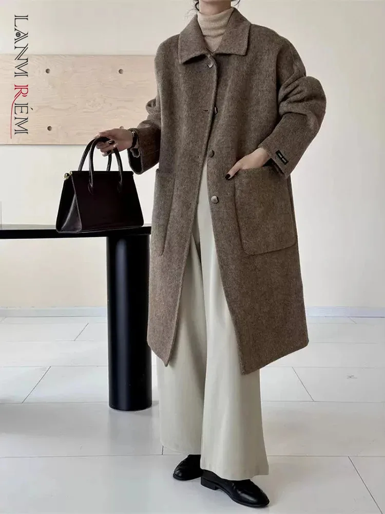 LANMREM Office Lady Double Sided Woolen Coat Women\'s Lapel Single Breasted Pockets Design Coats 2024 Autumn Winter New 2Z2335