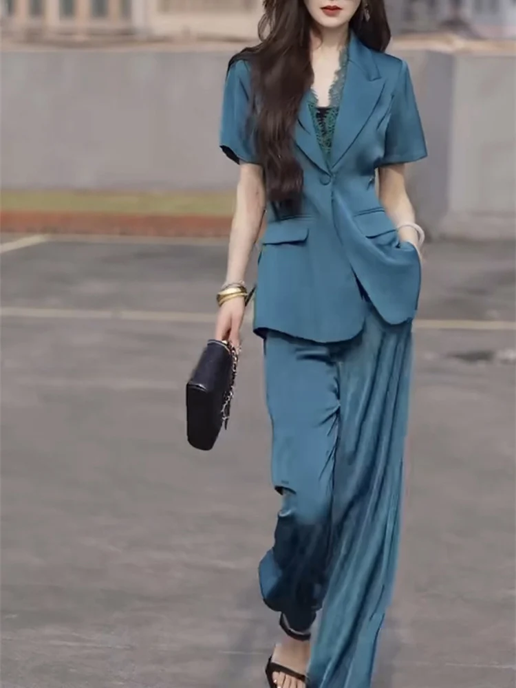 High end luz luxo moda temperamento terno conjunto para o verão 2025 novo laço retalhos backcoat calças de perna larga