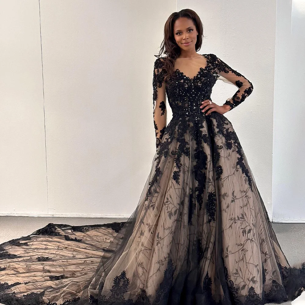 Luxury Long Sleeve A-line Wedding Dresses Tulle Black V-neck Lace Appliques Sequins Party Dress Elegant Floor-Length Bridal Gown