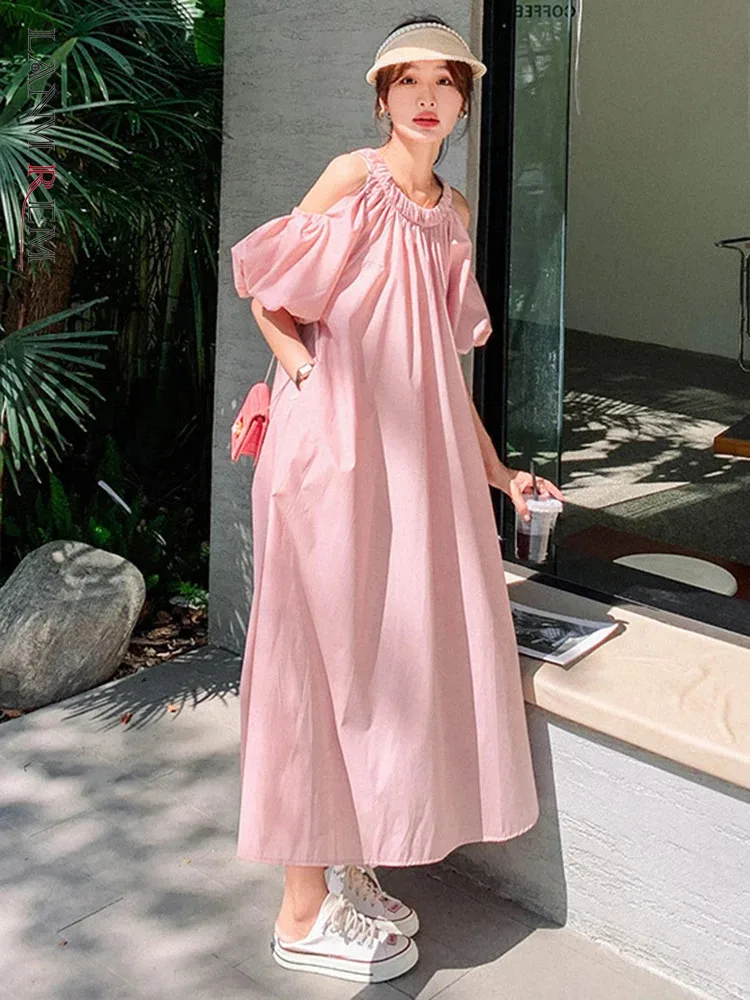 LANMREM Casual Loose Women's Dress Hollow Out Sleeves Design Solid Color A-line Long Dresses Fashion 2024 New Clothing 2AA5170