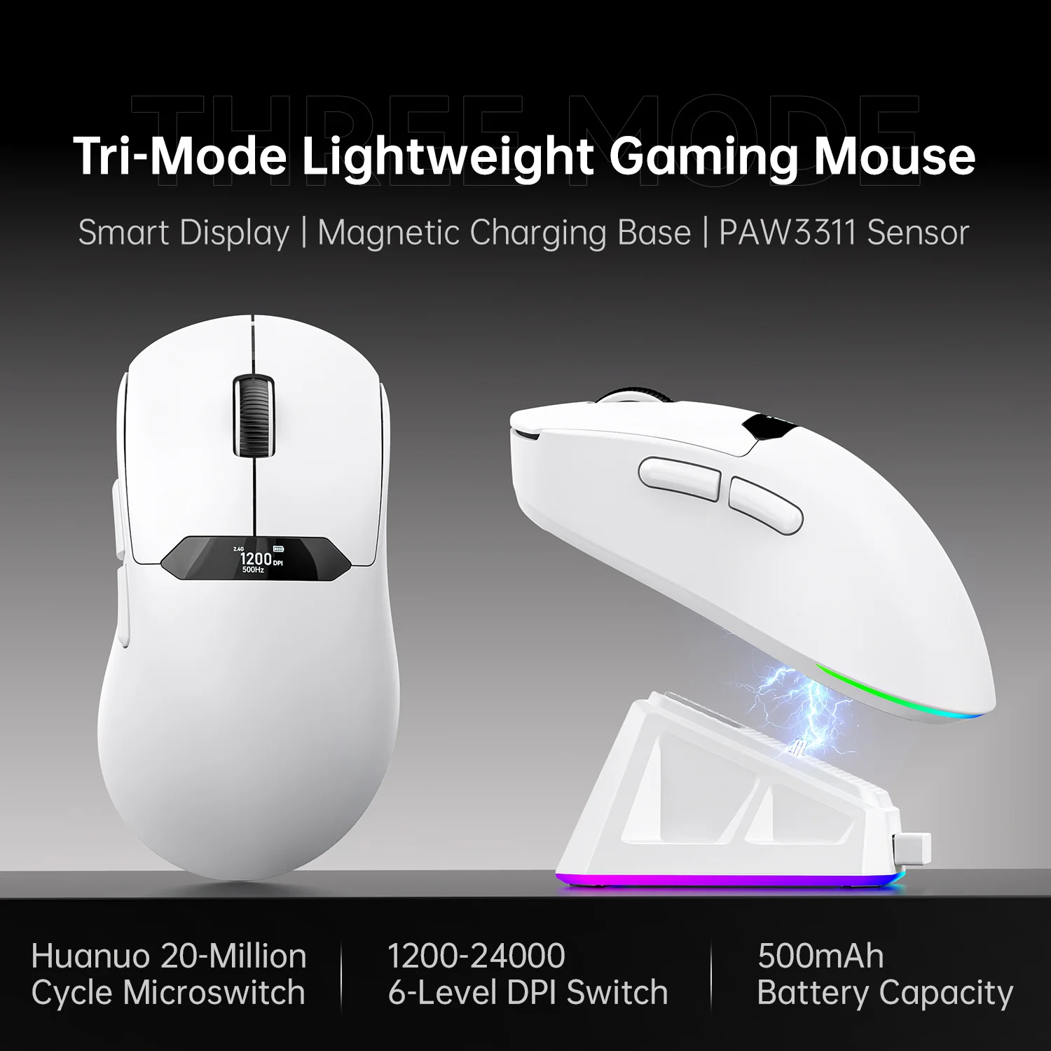Tri‑Mode Wireless Gaming Mouse PAW3311 Sensor 65g Ultra‑Lightweight Mouse With OLED Smart Display RGB Magnetic Charging Dock PC