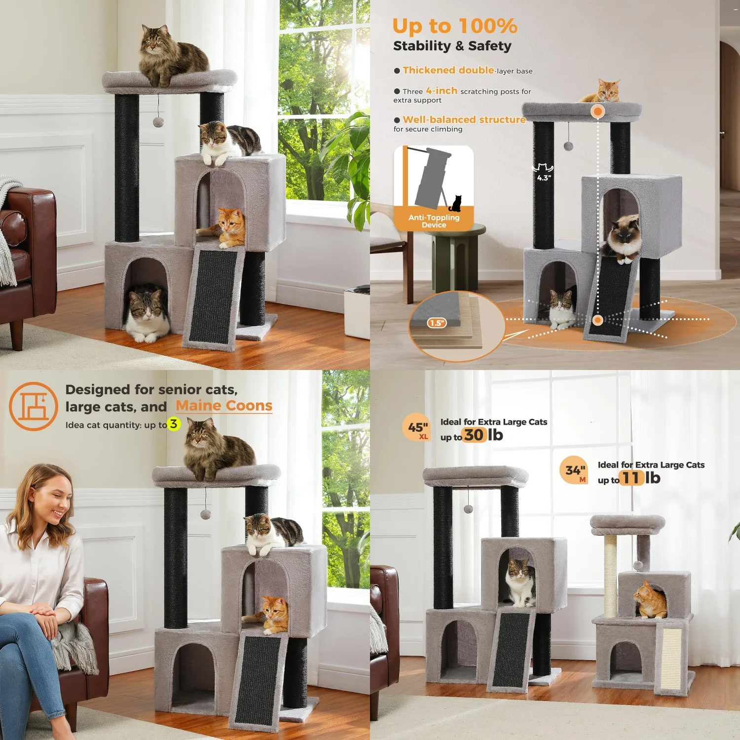 Heavy Duty Cat Tree for Indoor Cats Adult, 45-Inch Cat Tower with Sisal Scratching Ramp, 2 Cat Condo for Extra, Customized