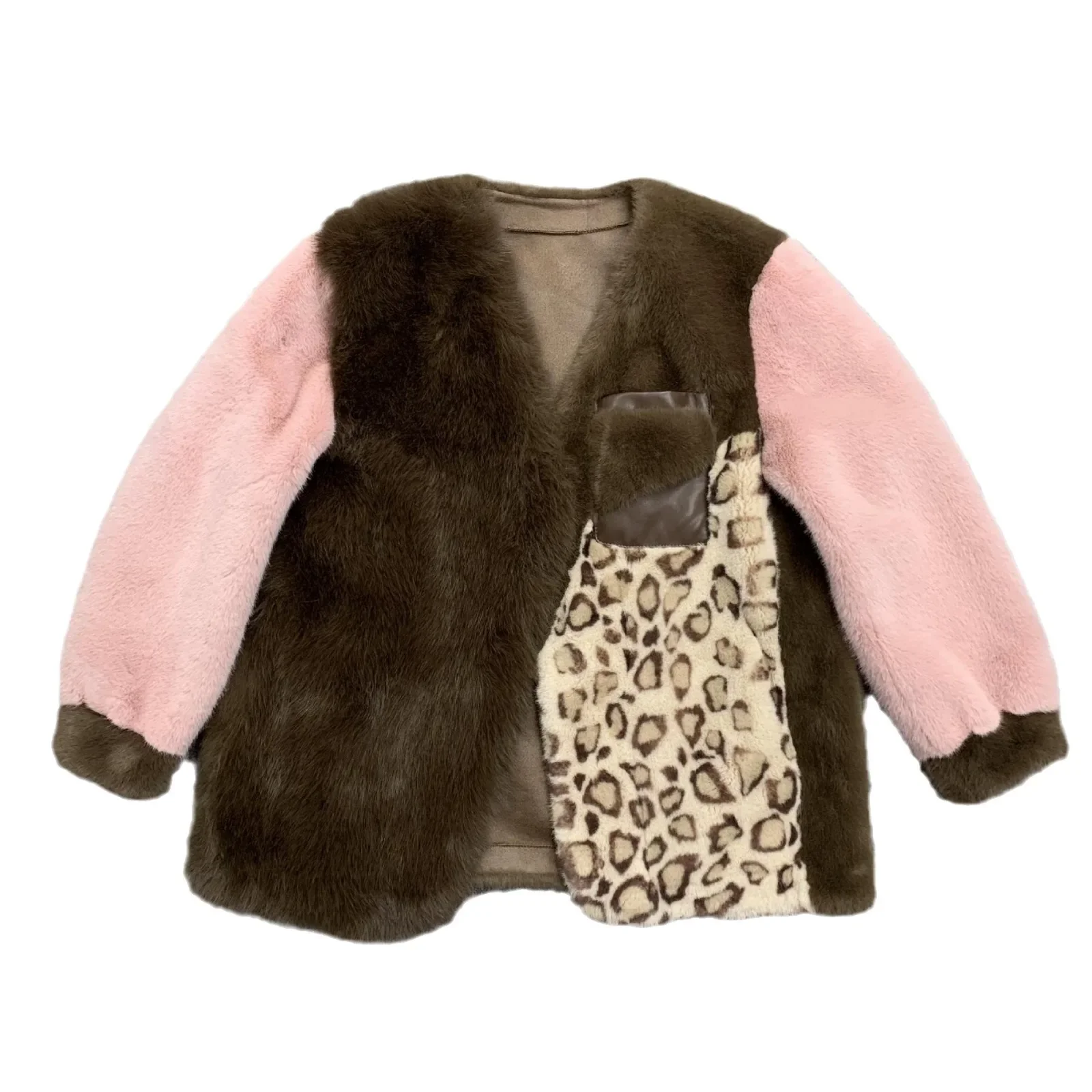 Young Lady European Mink Imitation Fur Coat 2024 New Leopard Print Color Matching Loose Casual Coat Winter Clothes Women