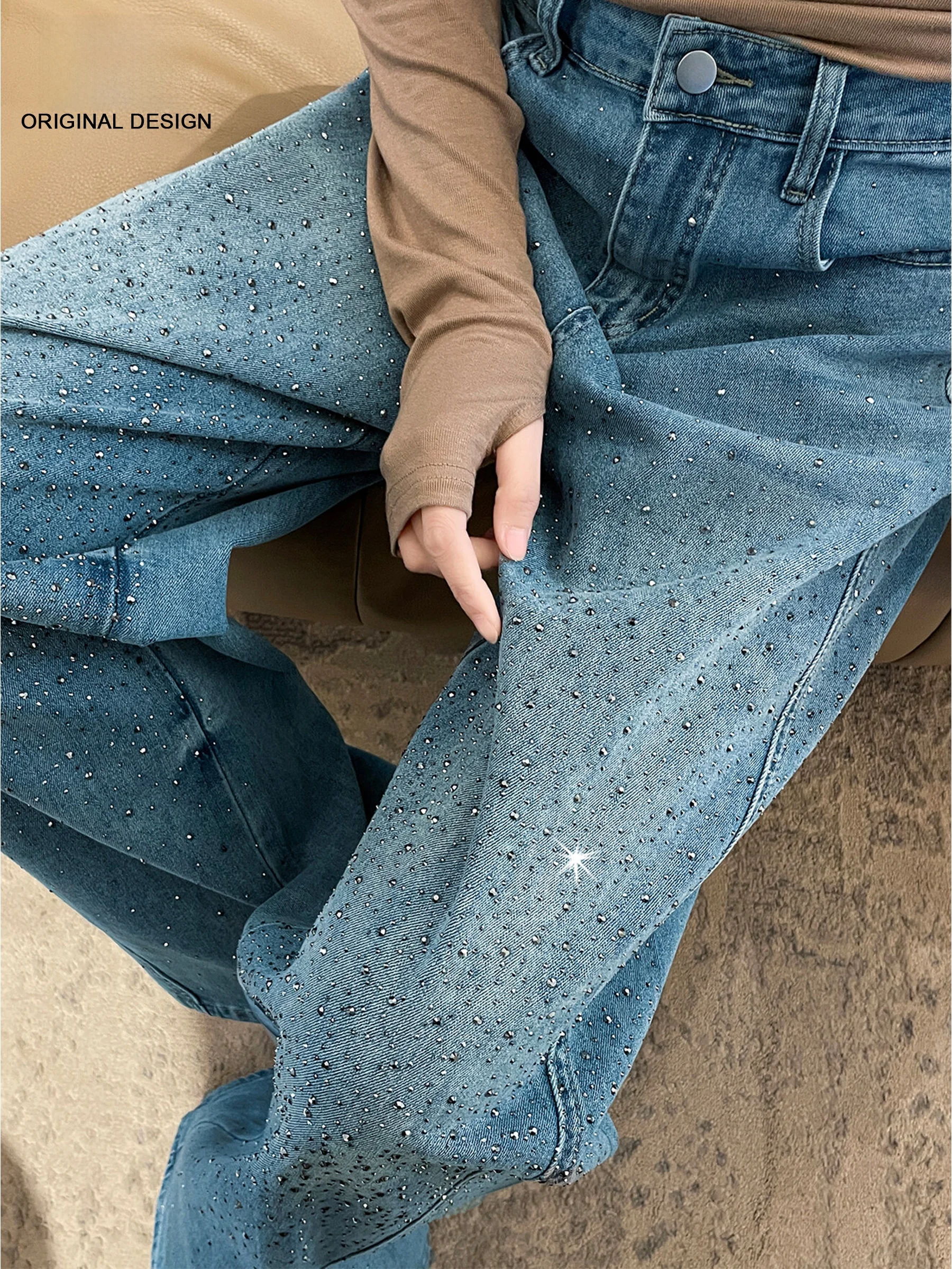 

High Waist Wide Leg Jeans Women's Summer Slimming Loose Floor-Length Straight Cut Rhinestone Embellished Casual Cotton Blend