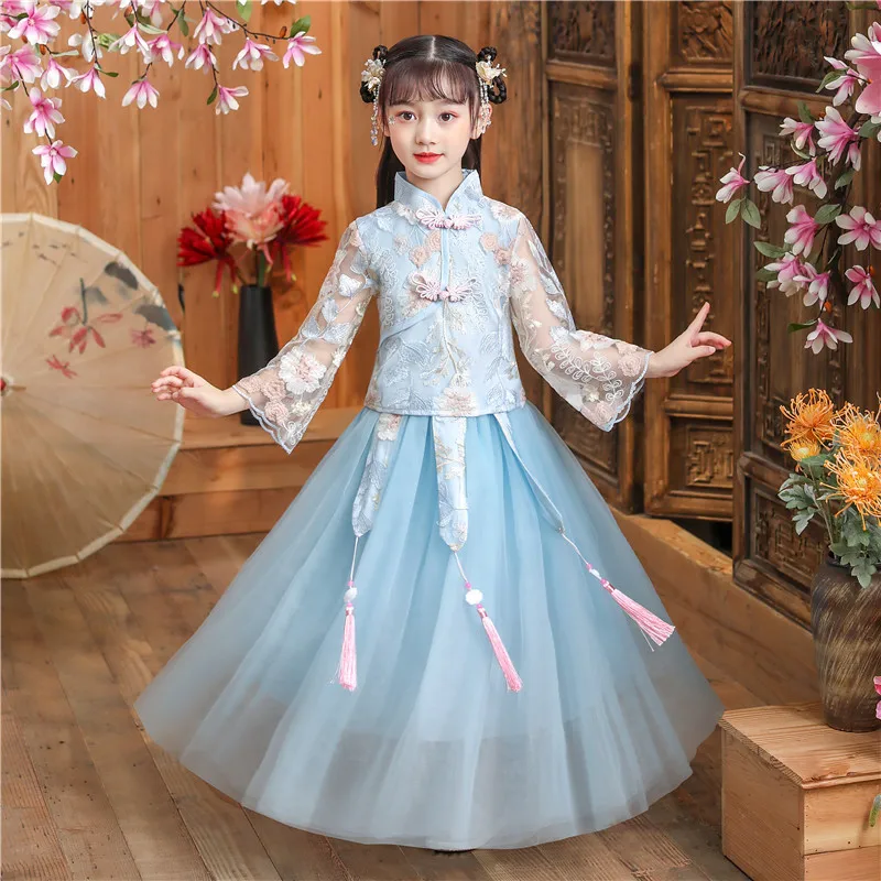 Hanfu Girls Costume Chinese Dames Kleding Vintage Clothing for Girls Floral Embroidery Hanfu Dress Kid Dancer Stage Folk Costume