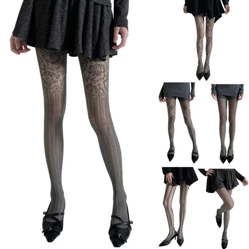 

Elegant Lace Hosiery for Women Floral Pattern Gray Fishnet Mesh Tights Pantyhose Drop shipping